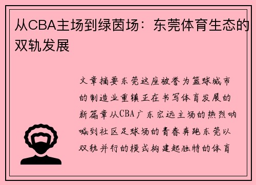 从CBA主场到绿茵场：东莞体育生态的双轨发展