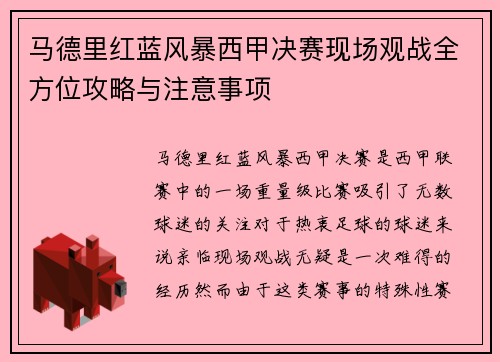 马德里红蓝风暴西甲决赛现场观战全方位攻略与注意事项