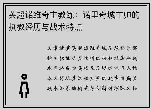 英超诺维奇主教练：诺里奇城主帅的执教经历与战术特点